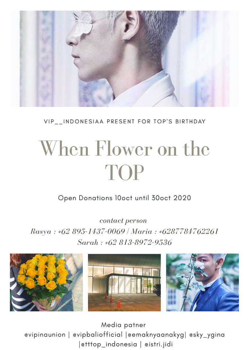 _0818Jiyong's tweet photo. TOP'Birthday Project
We'll send a bucket flowers at YG's Building for TOP's Birthday Present
Open Donations 10 Oct until 30 Oct 2020
Contact person for donation
Rasya : 6289514370069
Maria : 6287784762261
Sarah : 6281389729536
#BIGBANG #TOP_BIRTHDAY #BIGBANG_VIP https://t.co/L0TJNzT7aq