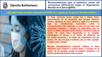 ejercito_ve's tweet photo. 🌐Recomendaciones para la población, acerca del coronavirus (2019-nCoV) según la Organización Mundial de la Salud.

🗣️ ¿Qué debo hacer si tengo síntomas de COVID-19 y cuándo he de buscar atención médica?
#PorAmorAChávez
#EjércitoBolivarianoBicentenario
#FANB https://t.co/XnF93kOucL