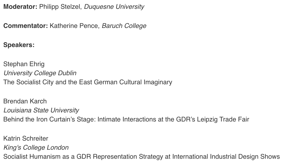 KatrinSchreiter's tweet photo. If you are at the #VirtualGSA2020 today, come check out our #GDRstudies panel on THE SOCIALIST IMAGINARY in GDR self-representation strategies at 12.45 pm EST/ 5.45 pm BST w/ @HerrBinar, @brendankarch, comment by Katherine Pence &amp; moderated by @pjstelzel @TheGSA #twitterstorians https://t.co/nwSF8s4vjK