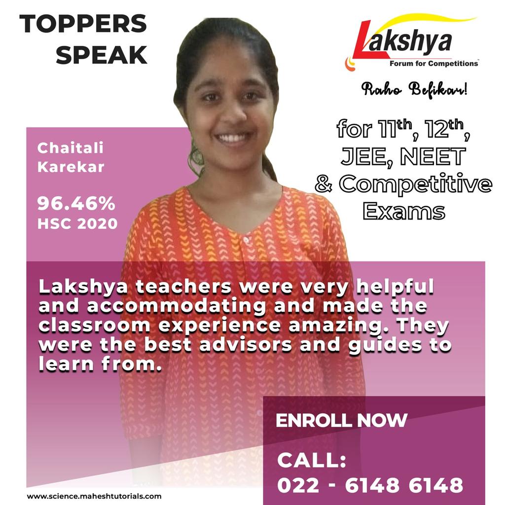 lakshya_inst's tweet photo. Chaitali Karekar , 96.46% in #HSC2020 found the #Lakshyateachingmethodology and the teachers very helpful. Turning to the always available teachers and guides for advise, she was able to overcome all her doubts and excel in her studies.
#MaheshTutorials #lakshyainstitute https://t.co/KcX50FFx1E