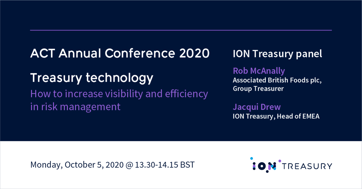 IONTreasury's tweet photo. Don’t miss our treasury technology panel tomorrow @ #ACTAC20. See how to increase visibility and efficiency in risk management on Monday, Oct 5 @ 13:30. More info: https://t.co/nIT9hxnhIA

#treasurymanagement #IONTreasury #digitaltransformation @actupdate https://t.co/BozNri2sHv