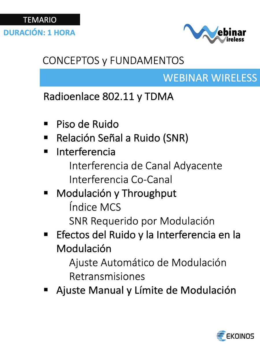 Webinar Wireless gratuito, martes 13 de Octubre a las 17 Hrs 🇨🇴 18 Hrs 🇻🇪 19 Hrs 🇨🇱🇦🇷 
Tema: Efecto del Ruido y la Interferencia en la Modulación de un Radioenlace. Para el registro escribir al whatsapp +56944516308