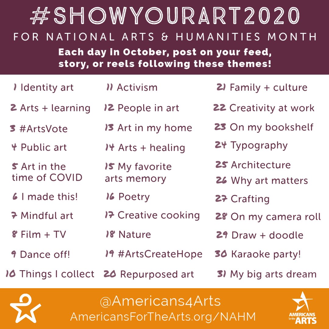 NKCESKids1st's tweet image. October is National Arts &amp;amp; Humanities Month! 
Follow #ShowYourArt2020 on Instagram &amp;amp; across social media and participate by following the theme for each day. #ThinkCreateShare #ConnectGrowServe @Americans4Arts