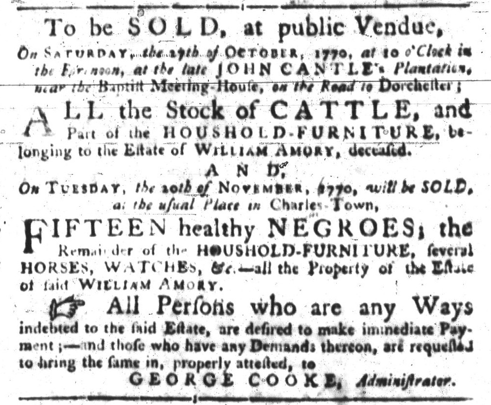 SlaveAdverts250's tweet photo. Colonial newspapers contributed to the perpetuation of slavery. Advertised 250 years ago today: “Fifteen Healthy Negroes” This advert is trying to sell cattle and slaves. Not much is said about the trades of the slaves or the places they came from. (SC Gazette 10/4/1770) https://t.co/G6Y0AGGmls