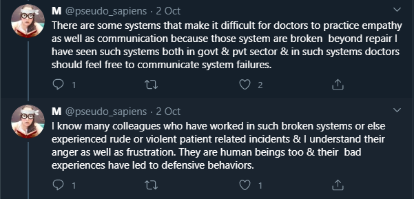 She claims to understand "defensive behaviour"To combat the rise of litigation and/or abuse (verbal, physical, or mental) defensive behaviour/defensive medicine is what we practice nowit has led to rise in 'excessive investigations" because we can't afford to "miss anything"