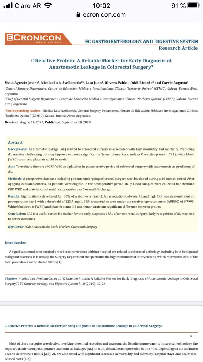 Nicolas Avellaneda (@nlavellaneda) on Twitter photo Colorectal surg in CEMIC hospital is using CRP to predict anastomosis leak. Congrats for the publication <a href="/ajcarrie/">Augusto Carrié</a> <a href="/JuanLasa5/">Juan Lasa</a> <a href="/poliverasendra/">Pablo Olivera</a> <a href="/DavidSolinas92/">David</a> <a href="/dasimonelli/">Damián Simonelli</a> <a href="/LancelottiTomas/">Tomas Lancelotti</a> ecronicon.com/ecgds/pdf/ECGD… Colorectal surg in CEMIC hospital is using CRP to predict anastomosis leak. Congrats for the publication <a href="/ajcarrie/">Augusto Carrié</a> <a href="/JuanLasa5/">Juan Lasa</a> <a href="/poliverasendra/">Pablo Olivera</a> <a href="/DavidSolinas92/">David</a> <a href="/dasimonelli/">Damián Simonelli</a> <a href="/LancelottiTomas/">Tomas Lancelotti</a> ecronicon.com/ecgds/pdf/ECGD…