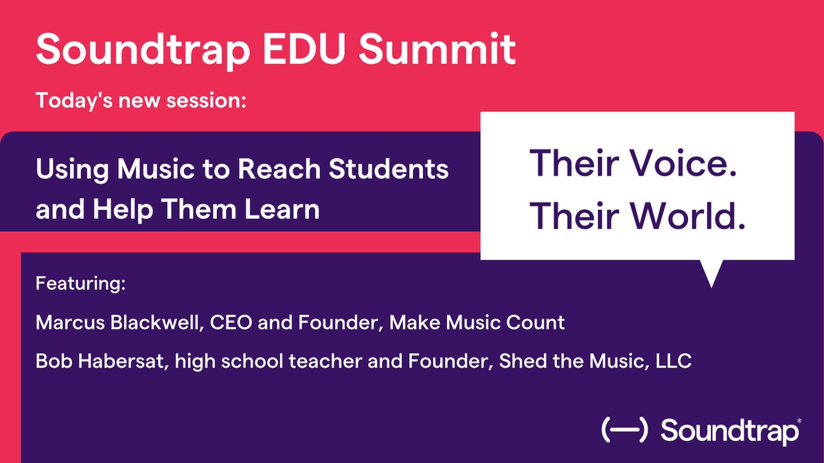 soundtrap's tweet photo. New today in the #SoundtrapEDUSummit: Marcus Blackwell (@_makemusiccount) &amp; Bob Habersat talk #musiced. How do we use music to reach students and help them learn? 

Don't miss this compelling session! #TheirVoiceTheirWorld 

https://t.co/eU954tyHzn https://t.co/MHnLD4cp46