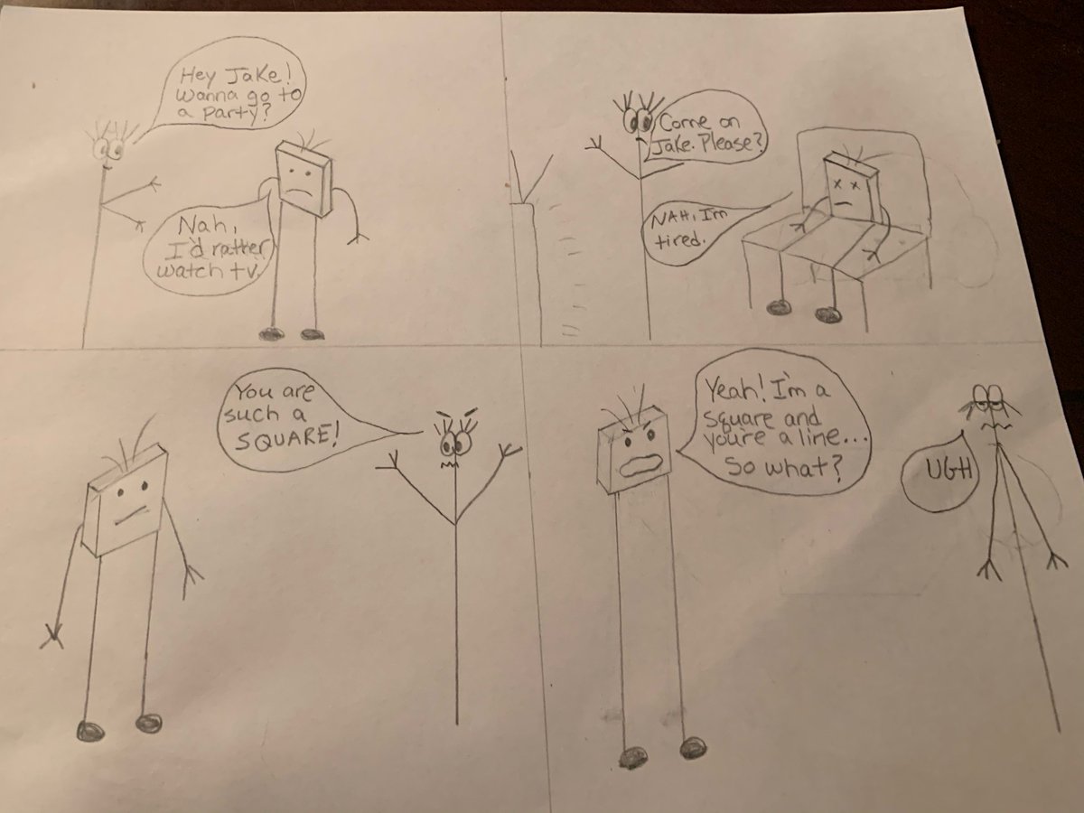 levineducation's tweet photo. Design and Drawing for Production students begin the year with an introduction to 3d sketching and visualization. I tasked students to take the cube and make a short comic from that base shape. #design #humor #STEMeducation https://t.co/ELXA4L0Tta
