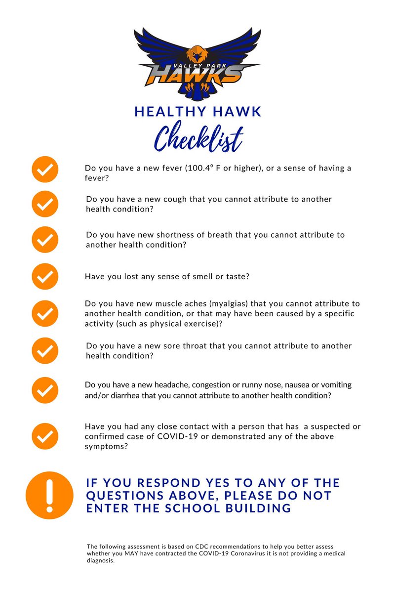 tdilg's tweet photo. We are excited to welcome back our @ValleyParkSD 1st &amp; 2nd graders back on Oct 5th!
Please review the #HealthyHawk Checklist daily before sending your child to school.
It’s up to all of us to do our part to prevent the spread of COVID-19 &amp; to  keep our schools healthy &amp; open. https://t.co/fxxEvN49P3