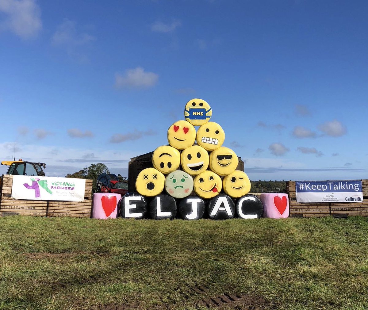 EastLothianJAC's tweet photo. Bale Art 2020: “Something to make you smile” Great work from everyone that helped build this years Bale Art entry. We are supporting @RSABI this year and also supporting the research of children’s cancer with the yellow bale wrap. 
#AreEweOkay #keeptalking
@SAYFC @Galbraith_Rural https://t.co/cytb71tiXP