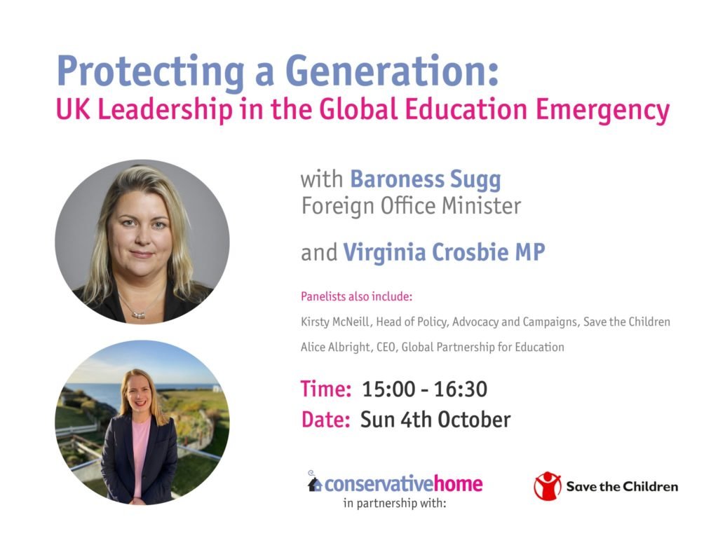 Join us and @ConHome at 3pm for our #CPC20 event on how the UK can lead global efforts to get children back to school in the wake of the pandemic with @liz_sugg @AliceAlbright @kirstyjmcneill and Virginia Crosbie MP @Conservatives Link here: save.tc/G8hl50BIUFK