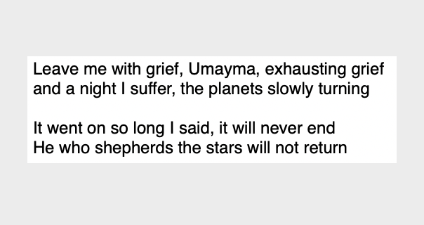 The opening evokes forlorn love with the wonderful image of the speaker sitting under the stars, contemplating their endless orbit. (my translation) 2/