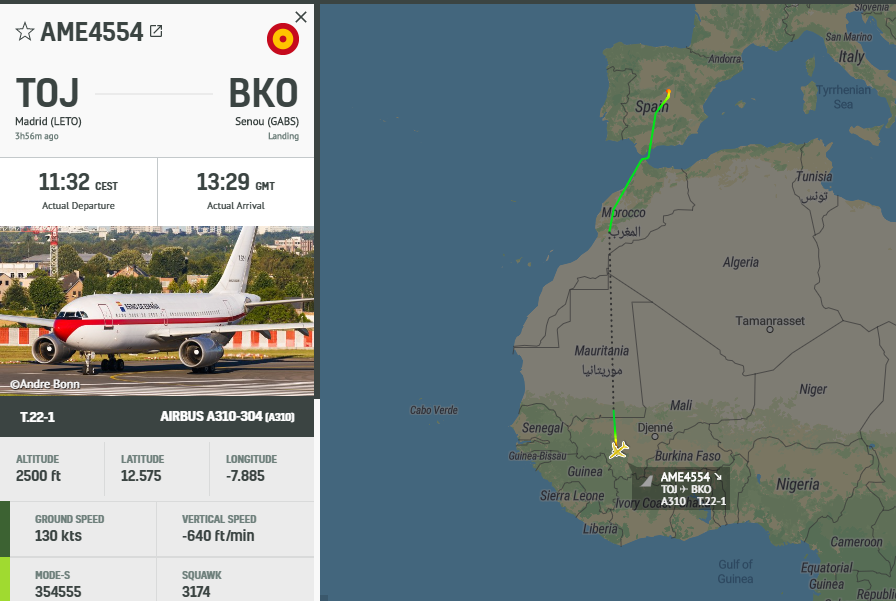 5472_nde's tweet photo. AME4554 T22-1 #SpanishAF A310 out of Torrejon, descent into Bamako, #Mali. @MarkTammAdsb 1332z https://t.co/rRgUK5vDx1
