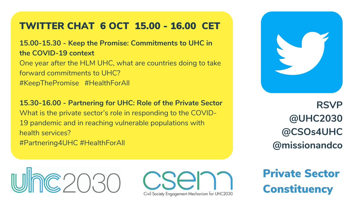 In 48hrs- 6 Oct, 1500 CEST: join the first #twitterchat with <a href="/UHC2030/">UHC2030</a> <a href="/CSOs4UHC/">CSEM (UHC2030 Civil Society Engagement Mechanism)</a> &amp; the private sector constituency to discuss country commitments to #UHC &amp; how the private sector is responding to the crisis, reaching vulnerable communities #partnering4UHC #COVID19 #healthforall