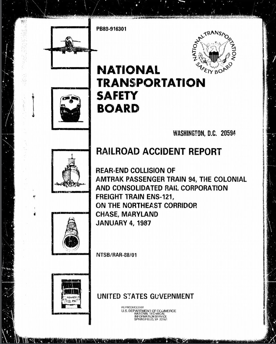On January 4, 1987, in Chase, MD, we investigated the sixty-sixth of 154  #PTC preventable accidents:  https://www.ntsb.gov/investigations/AccidentReports/Reports/RAR8801.pdf  #PTCDeadline  #NTSBmwl