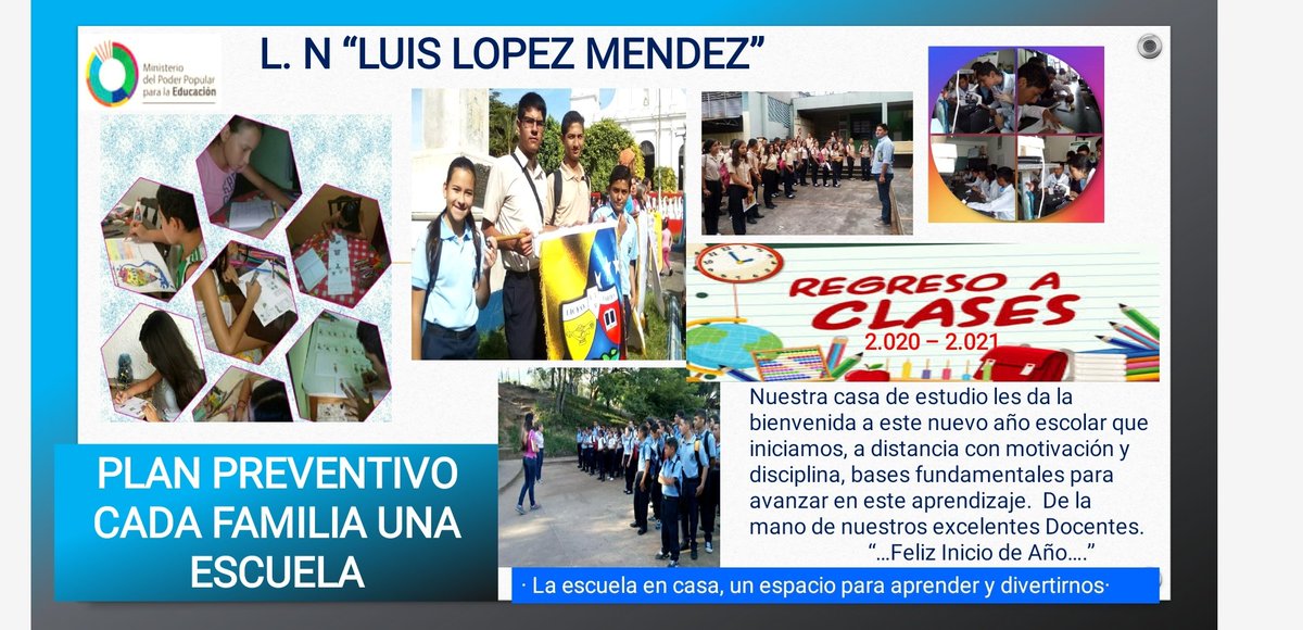 En el marco del inicio de actividades, el personal Docente, Administrativo, obrero y el Tren  Directivo, les da la bienvenida a este año escolar 2.020 - 2.021. A nuestros Estudiantes y Representantes en el Inicio de un año de retos, optimismo y vanguardia tecnológica.