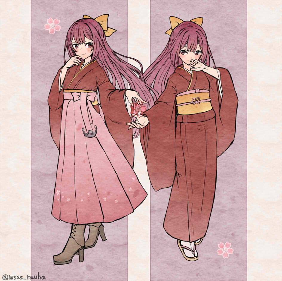 kamikaze (kancolle) japanese clothes long hair red kimono meiji schoolgirl uniform pink hakama kimono hakama  illustration images
