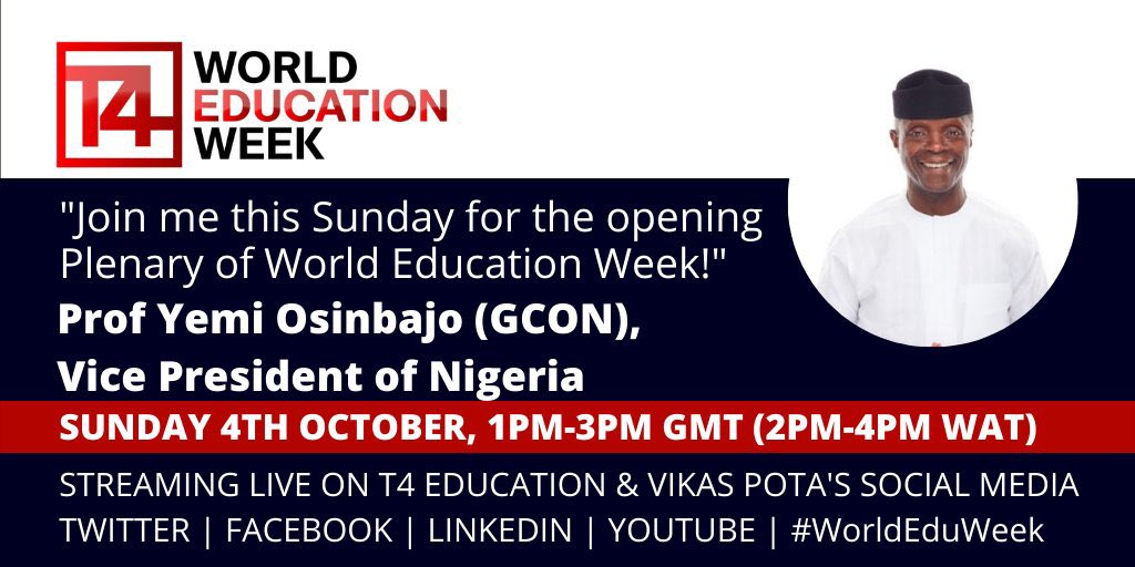 Teach4Nigeria's tweet photo. Join the plenary session of the @T4EduC #T4conference via https://t.co/MlGuRlS90Q as our CEO @FolaweOmikunle joins the Vice President of @Nigeria @ProfOsinbajo to highlight the role of CSOs, community members, educators and other stakeholders in transforming education. #SDG4 #Edu https://t.co/Mz0WyC3eEv