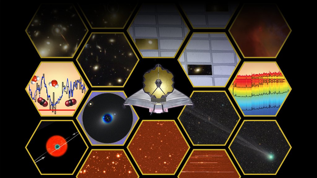 Image showing hexagons representing Webb's science goals, with the telescope superposed on top. 