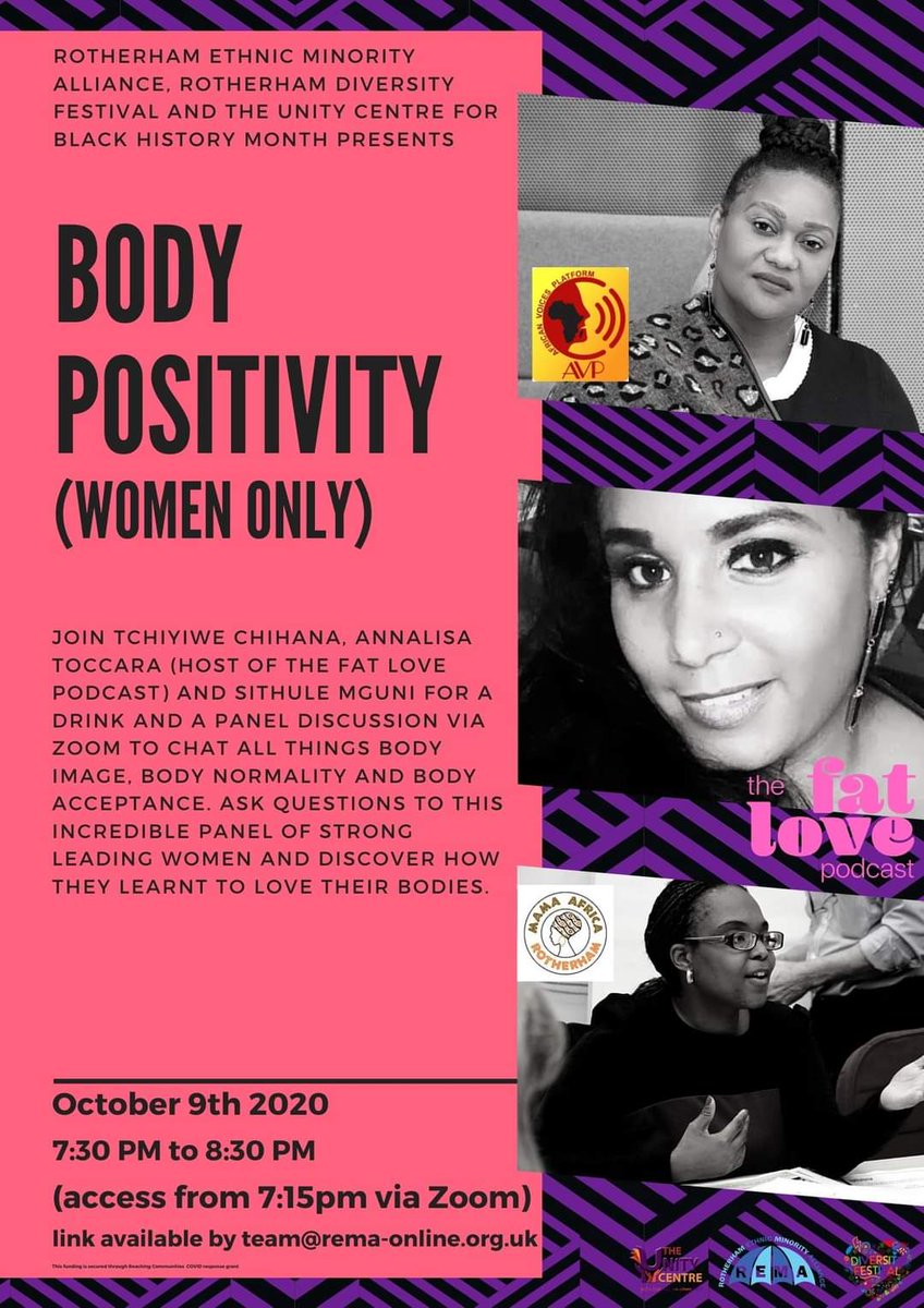 REMACharity's tweet image. Join us this Friday for our second offering on our Black History Month programme 
These 3 amazing women will be hosting @annatoccara of @fatlovepodcast, @AfriWoman of @AV_Platform &amp;amp; @msithule of Mama Africa 
Hope to see you there 

RT where you can
@ApnaHaq1
@SarahChampionMP
🤎🖤