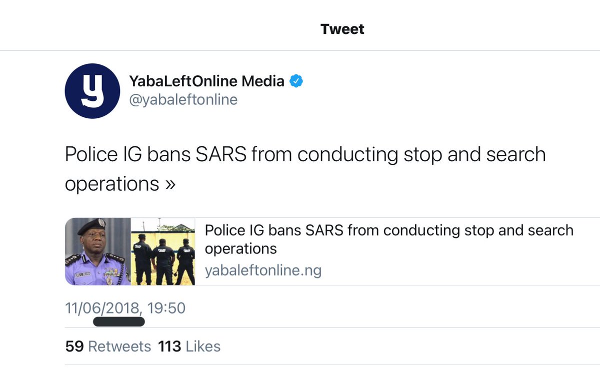 Tutsy22's tweet photo. June 2018 - Police IG bans SARS from conducting stop &amp; search operations.

Oct 2010 - Police IG bans SARS from conducting stop &amp; search operations.

How many more @PoliceNG, IGs will ban SARs stop &amp; search, before the ban is fully operational? 😑

#EndSarsNow
#EndSarsBrutality https://t.co/rx0b87W1Ni