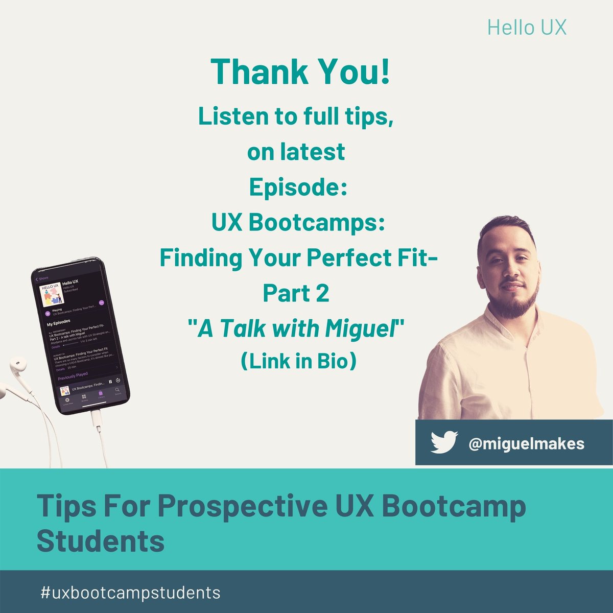 helloux_design's tweet image. Our guest @miguelmakes has some wonderful tips for prospective UX Bootcamp students, so make sure you check out our latest episode and get the full tips! #uxbootcampstudents #helloux #latinxheritagemonth