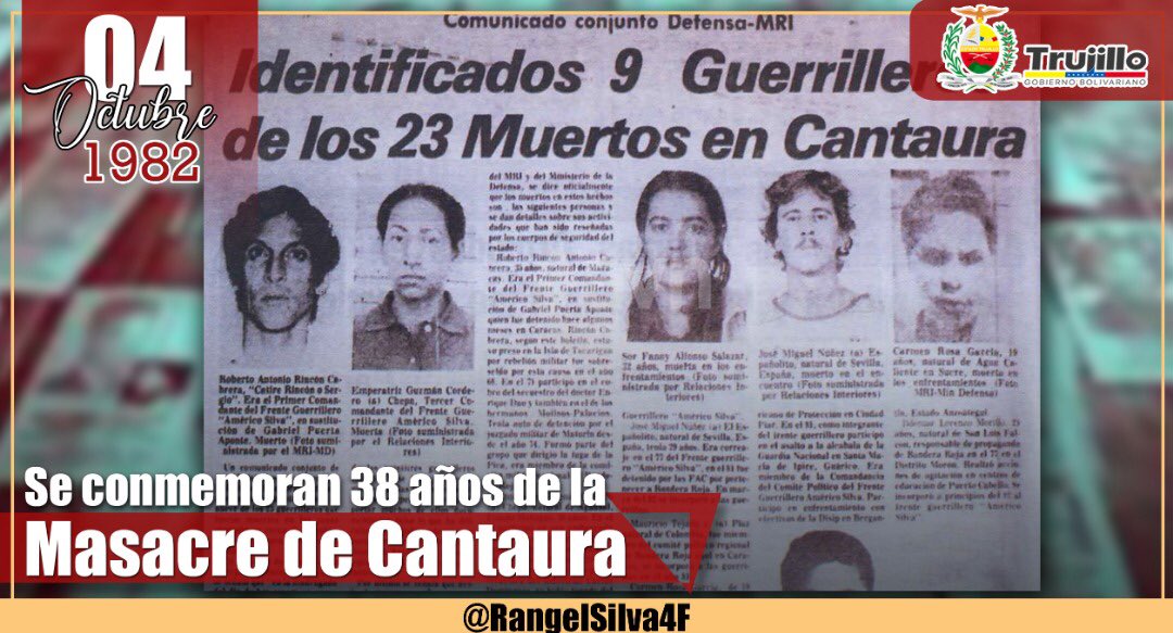 RangelSilva4F's tweet photo. Recordamos el atroz crimen del puntofijismo con la Masacre de Cantaura, en la cual torturaron y asesinaron a 23 jóvenes del Frente Guerrillero Américo Silva,quienes luchaban contra las injusticias de esos tiempos. Honramos a estos héroes que nos inspiran a mantenernos los ideales https://t.co/jrcgIseLhf