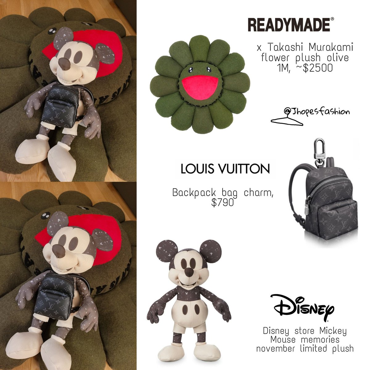 j-hope's closet (rest) on X: J-hope's Readymade x Takashi Murakami flower  plush, Louis Vuitton bag charm and Disney Mickey Mouse plush 201004 -  Weverse post #Jhope #제이홉 #Jhopefashion #BTS  / X