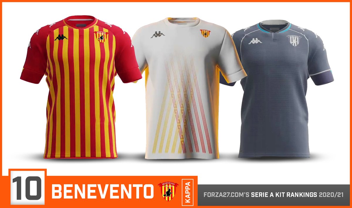 [10]  #Benevento (new entry) A strong line-up from Benevento & Kappa. The clubs traditional yellow/red vertical stripes has a thinner look, with strong red sleeves showing the Kappa Omini logo. A striking unique white away in inspired by the Witches of Benevento, with a dark 3rd.