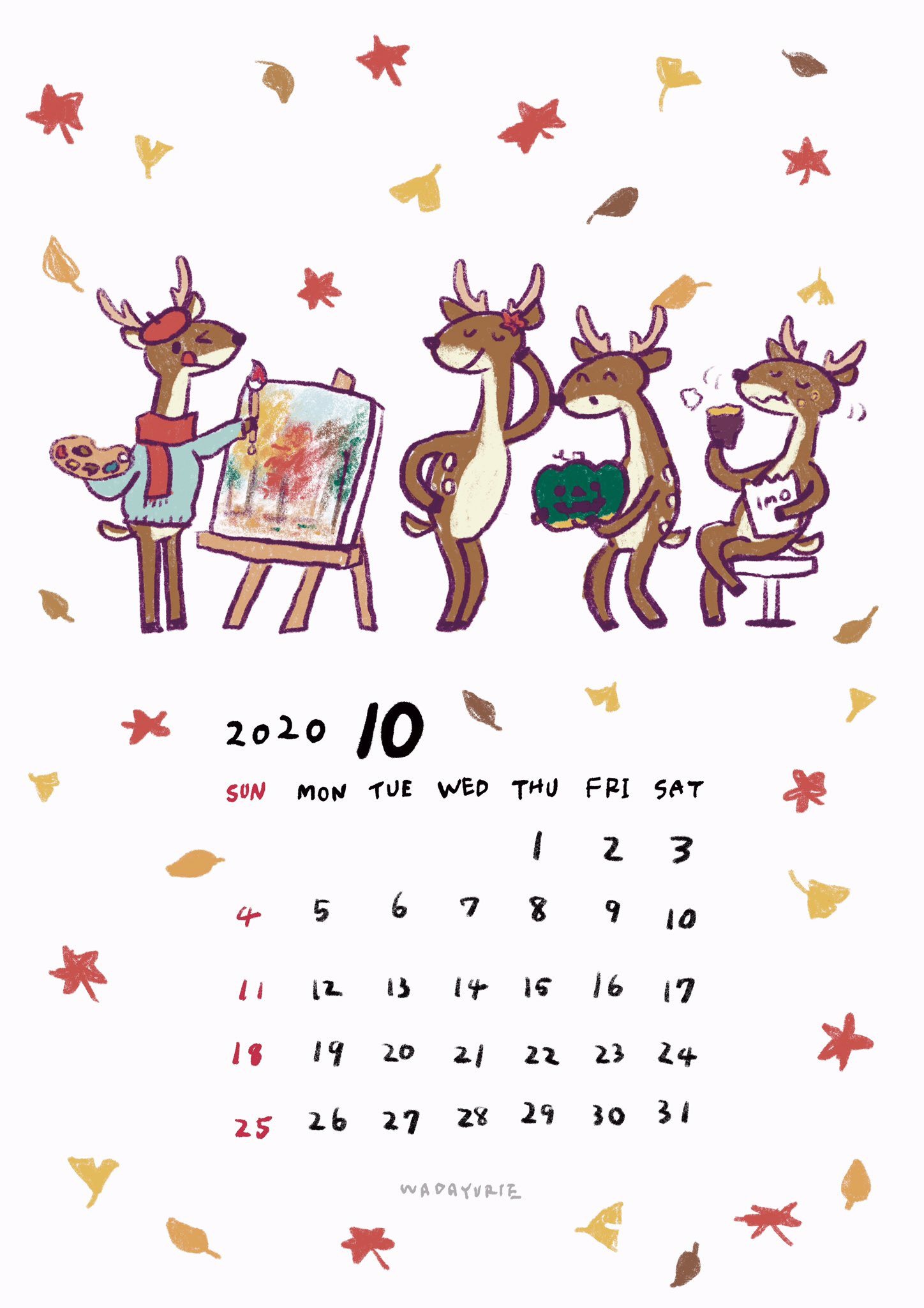 Wadayurie ハァっ ハアッ 大遅刻の10月カレンダーです 許して 1枚目は壁紙サイズです ロック画面におすすめ 2枚目はおまけのセブンのネットプリントですので印刷してみてね プリント予約番号 Lbqy5n9x カレンダー ネットプリント 鹿
