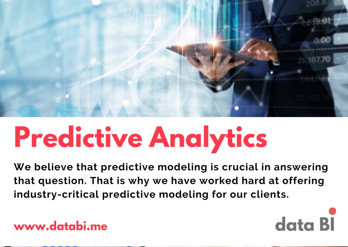 We believe that predictive modeling is crucial in answering that question. We are offering industry-critical predictive modeling for our clients.

Book a Free Business Analytics Strategy Session with us.

Email: info@databi.me

databi.me

#DataScience #BigData #AI