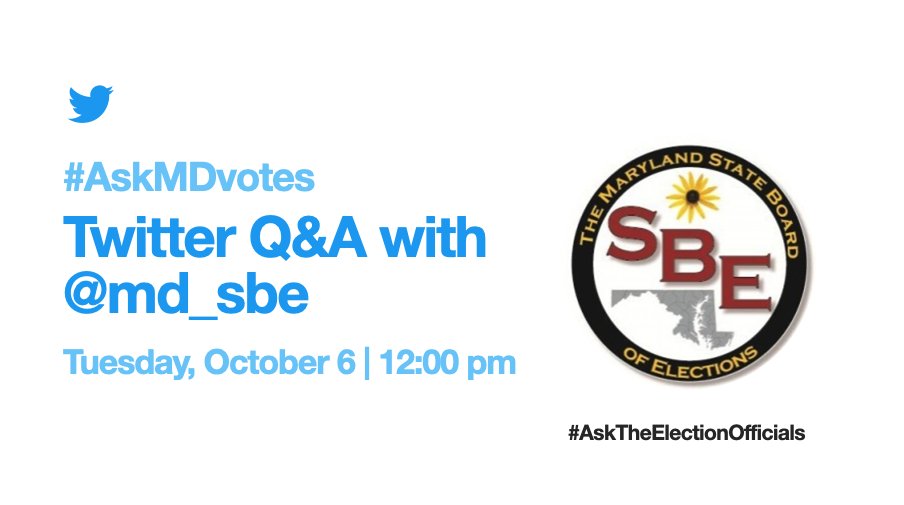 md_sbe's tweet image. Have any questions about voting in this election? We are participating in a nationwide #AskTheElectionOfficials Twitter Q&amp;amp;A on Tuesday, Oct 6. Send us your questions now and we'll answer as many as we can at 12p on 10/6! Just Tweet your question with #AskMDvotes to join in.