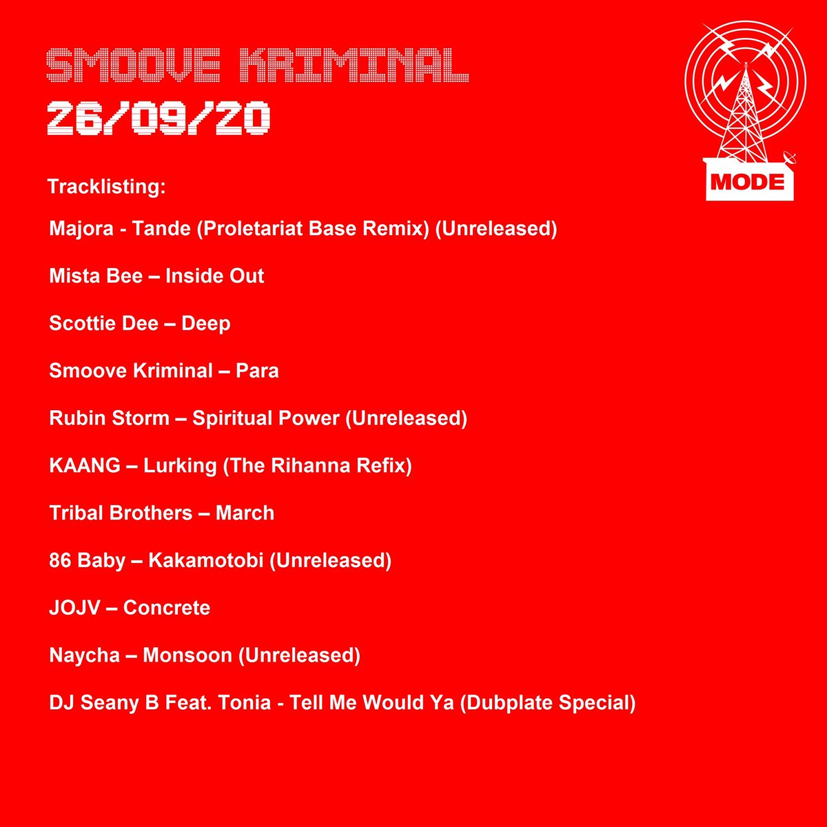 Back in the fold after a 4 year radio hiatus! Listen back to the @ModeRadioLondon radio show here: m.mixcloud.com/modelondon/26_…

Tracklisting👇🏽

CC: @_MajoraDJ <a href="/GreymanOfficial/">GreymanOfficial</a> <a href="/MajorNotesUK/">Major Notes</a> <a href="/LRGROOVE/">Groove</a> <a href="/HaganUK/">Hagan</a> <a href="/86baby/">86 Baby</a> <a href="/DJPOLOUK/">DJ Polo</a> <a href="/Spellband/">SPELLBAND</a> <a href="/AroopRoy/">Aroop Roy</a> <a href="/djdeanlyon/">Selenky Dean</a> <a href="/drmzu1/">drmzu</a> <a href="/Kaizen_Karnak/">KΔIZEN KΔRNΔK 🔋</a>