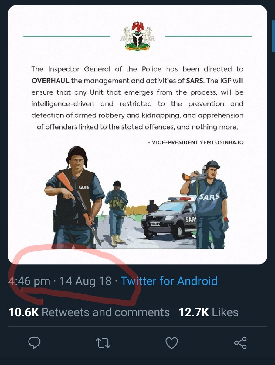 4th October 2020: IGP BANS FSARS!!!
Dear <a href="/NGRPresident/">Presidency Nigeria</a> ,<a href="/MBuhari/">Muhammadu Buhari</a> and IGP of <a href="/PoliceNG/">Nigeria Police Force</a> , we have seen this before! None less than the Vice President, <a href="/ProfOsinbajo/">Prof. Yemi Osinbajo</a> shared this in 2018.
Nothing changed!!!
<a href="/segalink/">SEGA L'éveilleur®</a> <a href="/frankdonga_/">Frank Donga™</a> <a href="/SavvyRinu/">Rinu Oduala 🔥🔫</a> <a href="/wizkidayo/">Wizkid</a> <a href="/CDDWestAfrica/">CDD West Africa</a> <a href="/SundayDareSD/">Sunday Dare,CON</a>