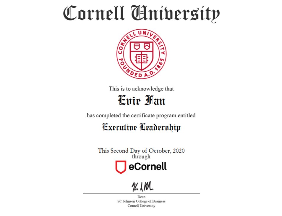 efan618's tweet photo. Happy to share I've earned 2 #leadership certificates from @Cornell after 4 months' effort! Grateful for the high-quality coursework and applicable contents. Thanks @ecornell_online for a fulfilling learning experience! Look forward to applying what I've learned! #Leaders https://t.co/b8lpmvj0uQ