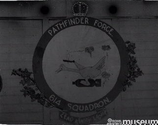 614Sq were the organic pathfinder Sq for 205Gp, operationally active from March 1944. They were unique in being the only PFing Sq outside of Bomber Command. They flew Halifaxes & then Liberators. Pic: Unofficial Sq emblem © RAF Museum 19)