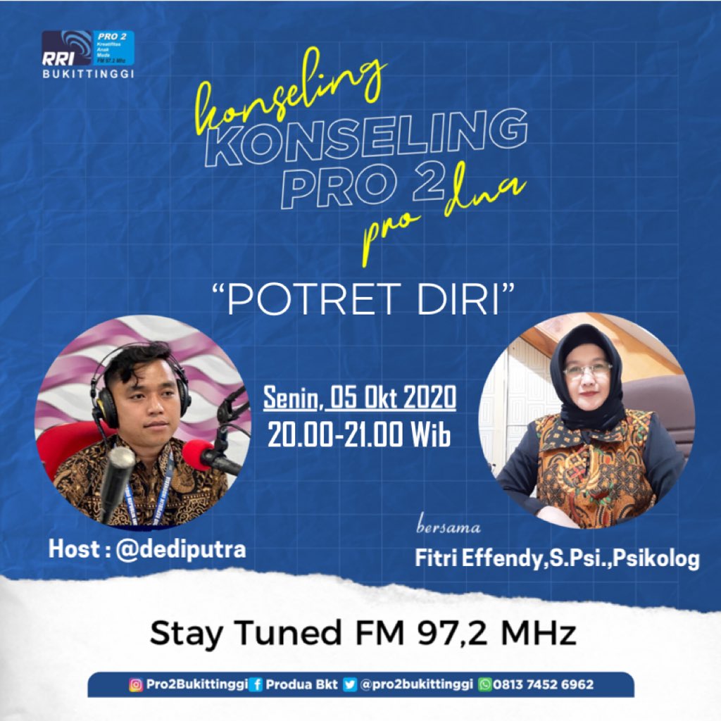 Sahabat kreatif..
Jangan lupa nanti Konseling Pro 2.. 
Dengan tema “Potret Diri”,
Yuk dikepoin bareng psikolog kita..
.
Dengarkan melalui @pro2bukittinggi FM 97,2 MHz, bisa juga melalui streaming rri.co.id dan aplikasi RRI Play Go
.
#RRIBukittinggi #KonselingPro2