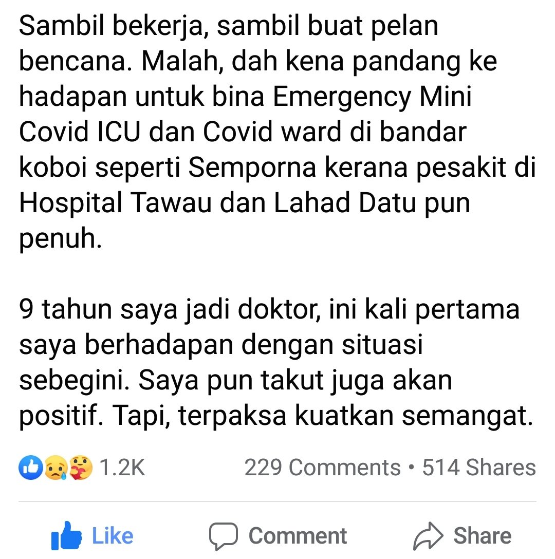 Rasa sedih ngan frontliner di Sabah ..sgt2 teruk kat sana..mcm masuk warzone.setiap pesakit dtg dgn keadaan sesak nafas..Doakan kawan2 kami para doktor, SN, MA mengharungi dugaan di sana..
#klusterprn
#frontlinerburnout
#takecareorgsabah
#staysafe