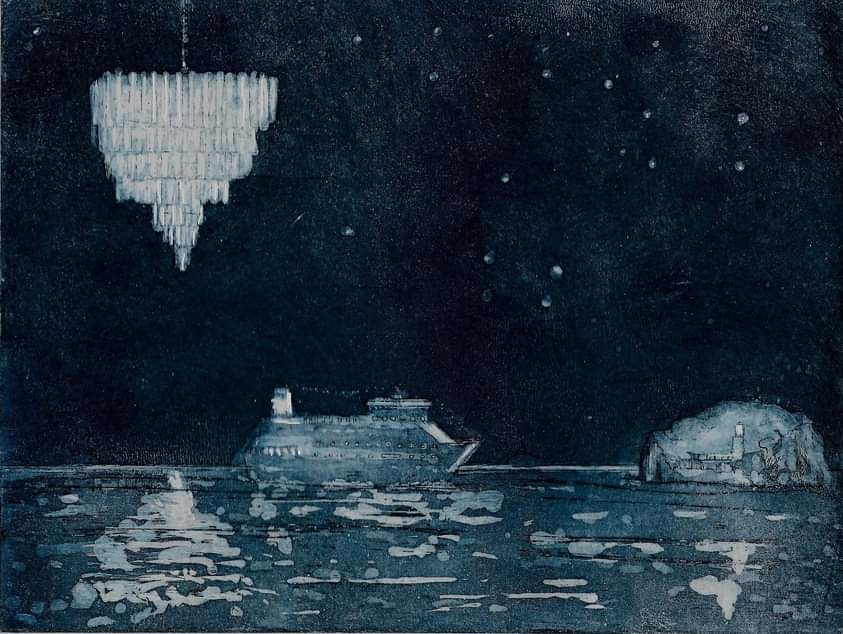 'Chandelier'
Aquatint #etching
15x20cm
Hard to explain, but this a new etching bringing together some visual ideas experienced while visiting #BassRock near the #FirthofForth a little while ago. I'm trying to introduce a thread of surrealism into some of my work.