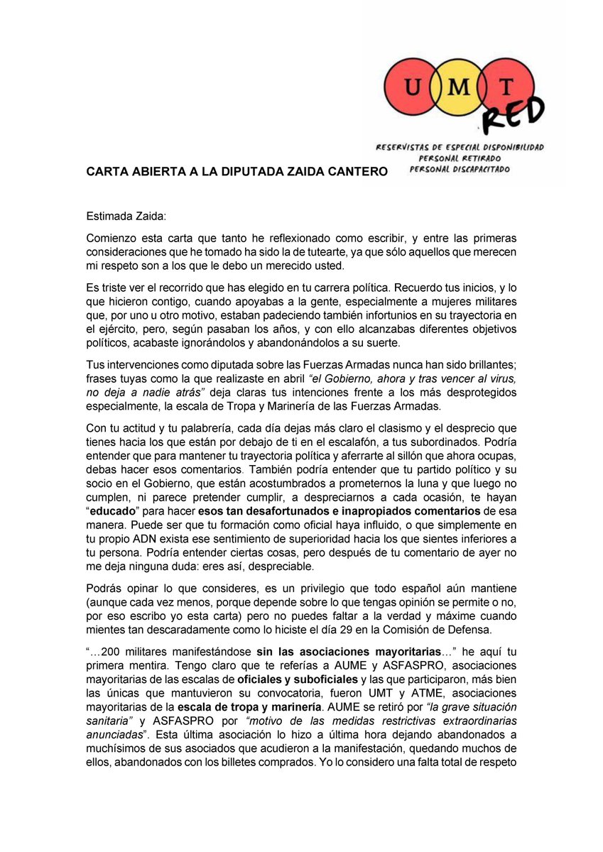 RedUmt's tweet photo. Carta abierta de nuestro presidente @g0rk45 a Zaida Cantero, diputada del @PSOE después de sus vergonzosas palabras dirigidas contra las asociaciones militares mayoritarias de tropa y marinería @UMT_Tropa @_ATME @ASFASPRO @AUMEinforma https://t.co/CWqn65z37l
