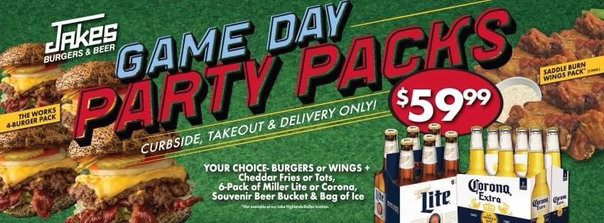 Game day!!!! Order your Party Packs at Jakes now!! Get them just in time for the first game. 2 Options- 4 Works Burgers or 2 doz. Wings- both come with cheddar tots/fries &amp; 6-pack choice <a href="/MillerLite/">Miller Lite</a> or <a href="/CoronaBeers/">Corona Beers</a> ...$59.99!! Order online at jakesburgersandbeer.com