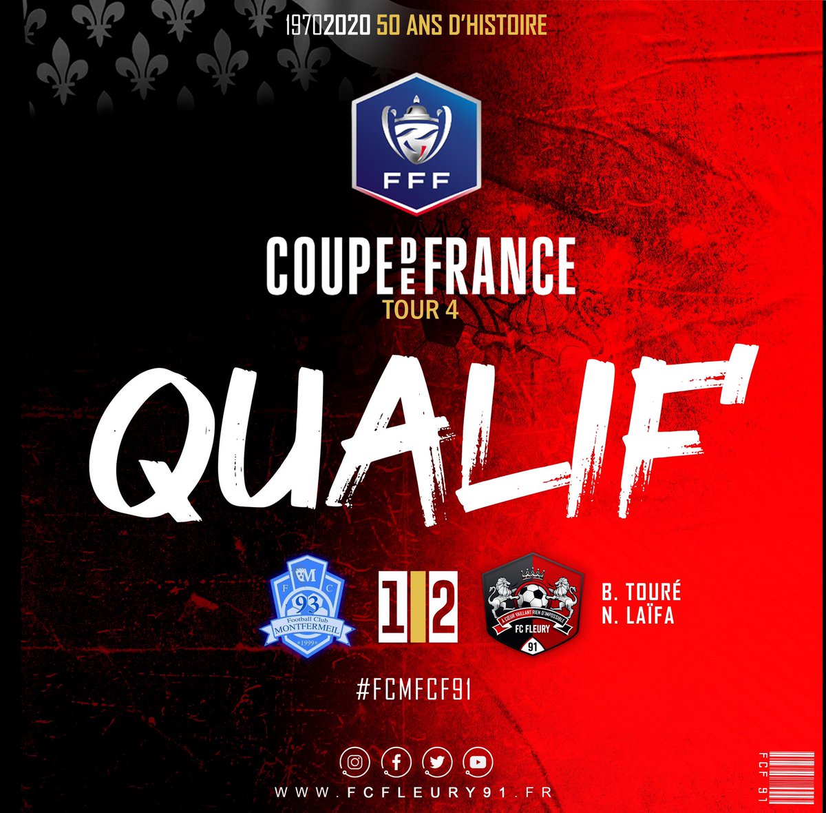 FCFleury91's tweet photo. ⏱ C’est terminé #FCMFCF91 

Rapidement mené 1-0, Fleury s’impose finalement, deux buts à un, sur la pelouse du @FCMontfermeil et se qualifie pour le 5e tour de la @coupedefrance ! 

#AllezFleury⚫️🔴 #CDF🏆 https://t.co/5DNhfgnWsP