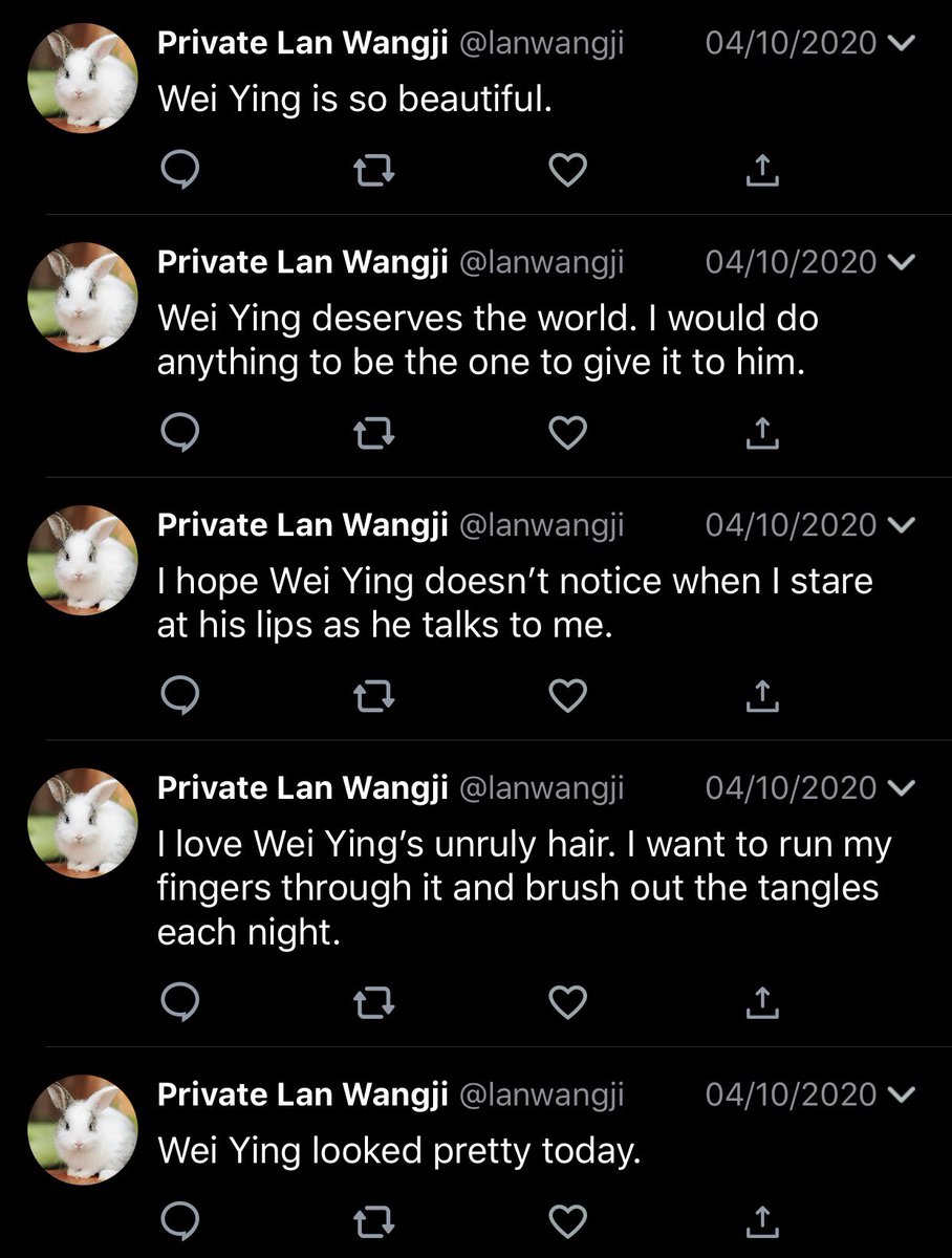 WWX tells LWJ how much he enjoys using private twt to talk about his feelings so LWJ makes a Twitter and names it “Private Lan Wangji” except he doesn’t realize you have to put it on private so his entire account is just tweets like “Wei Ying looked pretty today” and WWX sees it