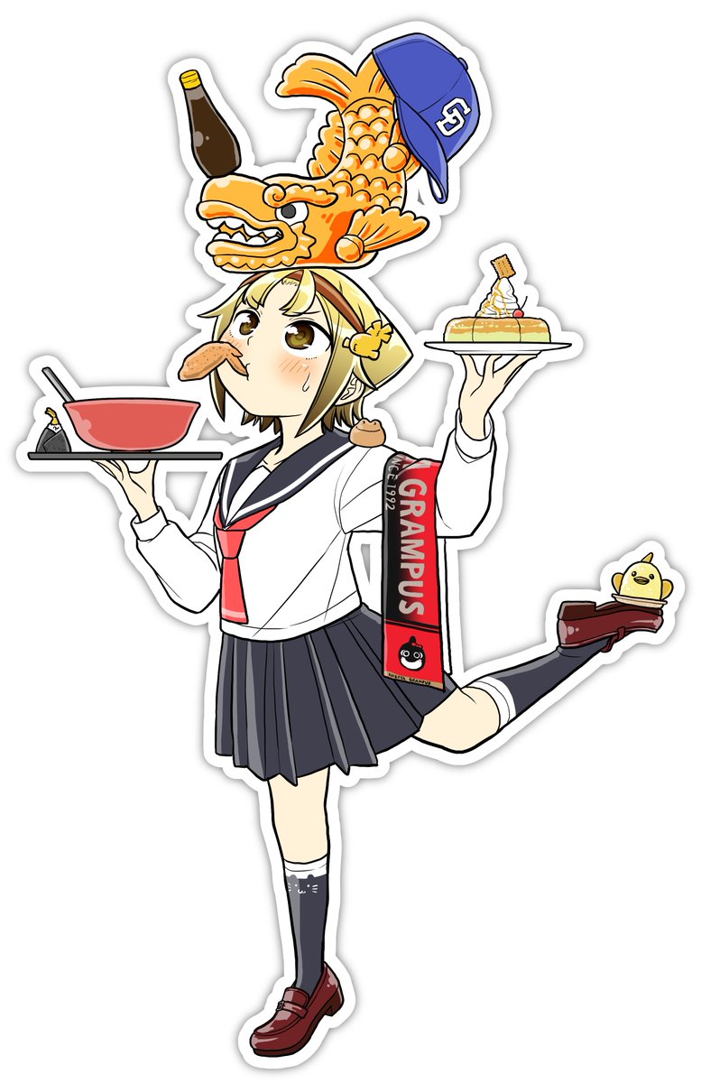 1girl school uniform skirt hat food short hair shoes  illustration images