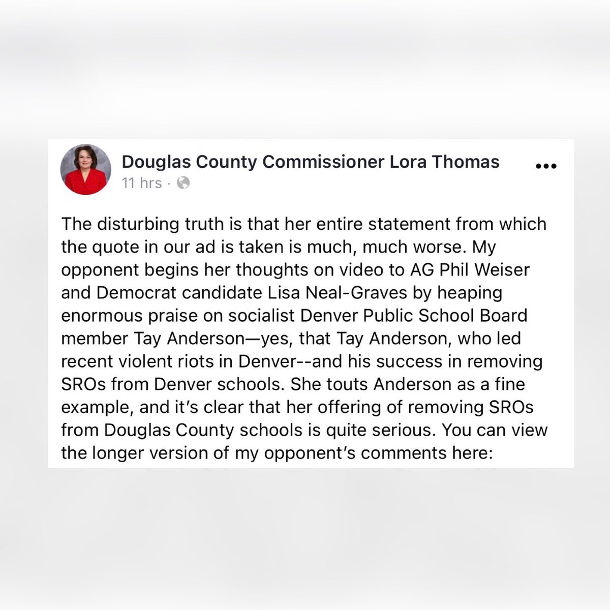 AuontaiAnderson's tweet photo. Yesterday Republican Douglas County Commissioner @LoraThomasCO posted on her Facebook that I “led recent violent riots in Denver.” 

I don’t lead riots — I lead protests that are protected under the first amendment of the constitution Republicans claim to love.  — (THREAD) https://t.co/zyVQMwDAlT