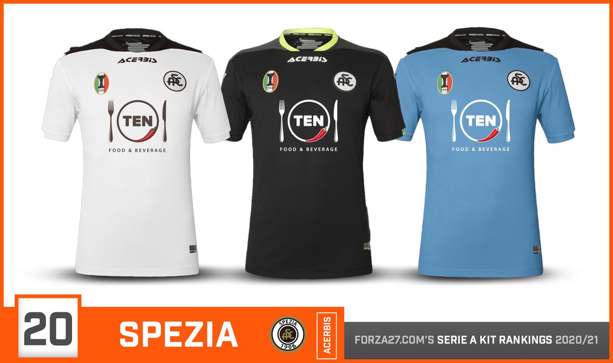 [20]  #Spezia (new entry)Spezia reach Serie A for the first time in their history. Designed by Acerbis, the home, away & 3rd kits all use the same template. A notable special crest on the left marks their victory in the 1944 Campionato Alto Italia (a one off comp).