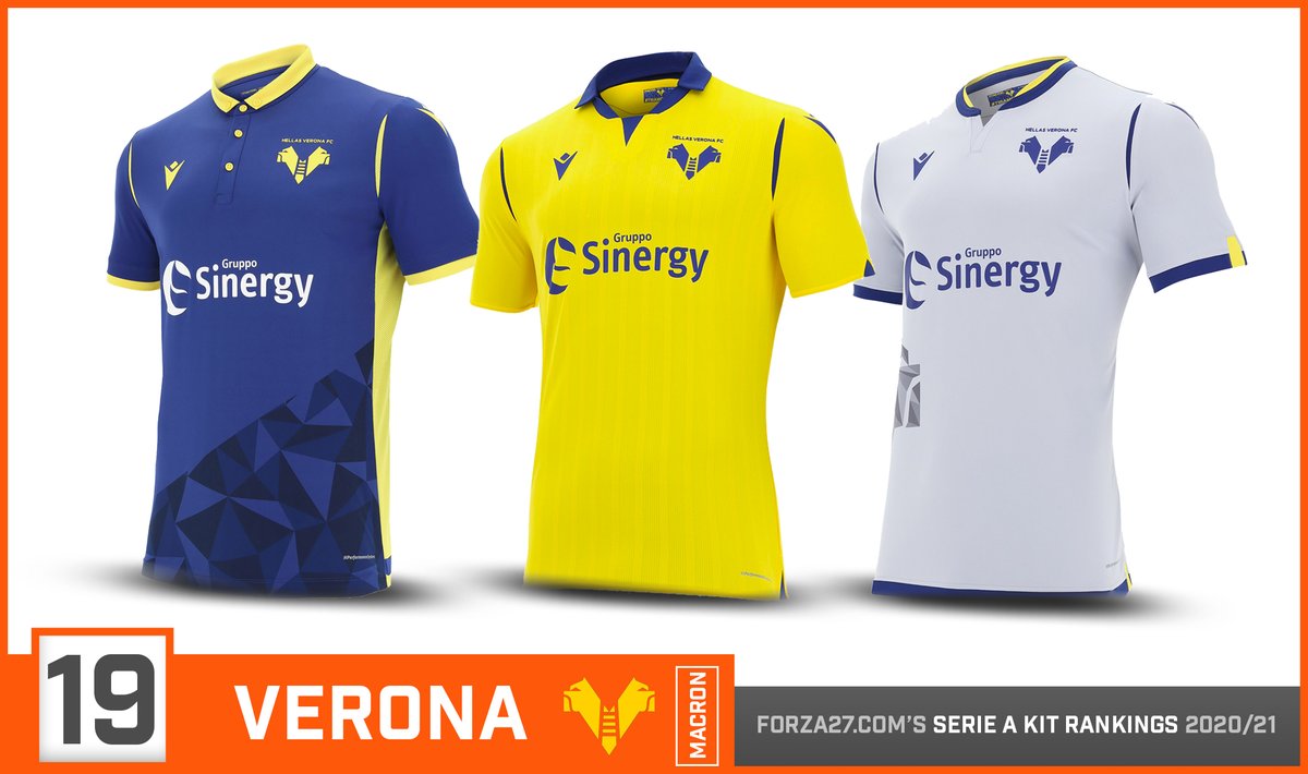 [19]  #Verona (down 4)Verona's rebranding saw a slick new logo introduced. The blue home kit features a geometric triangle pattern which ends rather abruptly in the middle of the shirt. The yellow away has very fine vertical stripes, with a reversed white 3rd.