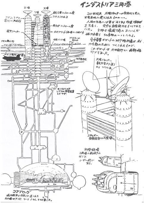インダストリアの「三角塔」はXYZの3塔の太陽塔と接続部から成る。周囲には無人の建築物(コンビナート・工場跡)と船着場がある。塔の高さは地上150メートル、地下200メートル(コアブロックはさらにその地下300メートル)。塔頂上の反射鏡は、集光衛星のアンテナから送信された(続#未来少年コナン 