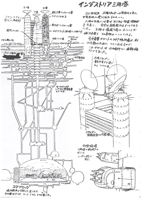 インダストリアの「三角塔」はXYZの3塔の太陽塔と接続部から成る。周囲には無人の建築物(コンビナート・工場跡)と船着場がある。塔の高さは地上150メートル、地下200メートル(コアブロックはさらにその地下300メートル)。塔頂上の反射鏡は、集光衛星のアンテナから送信された(続
#未来少年コナン 