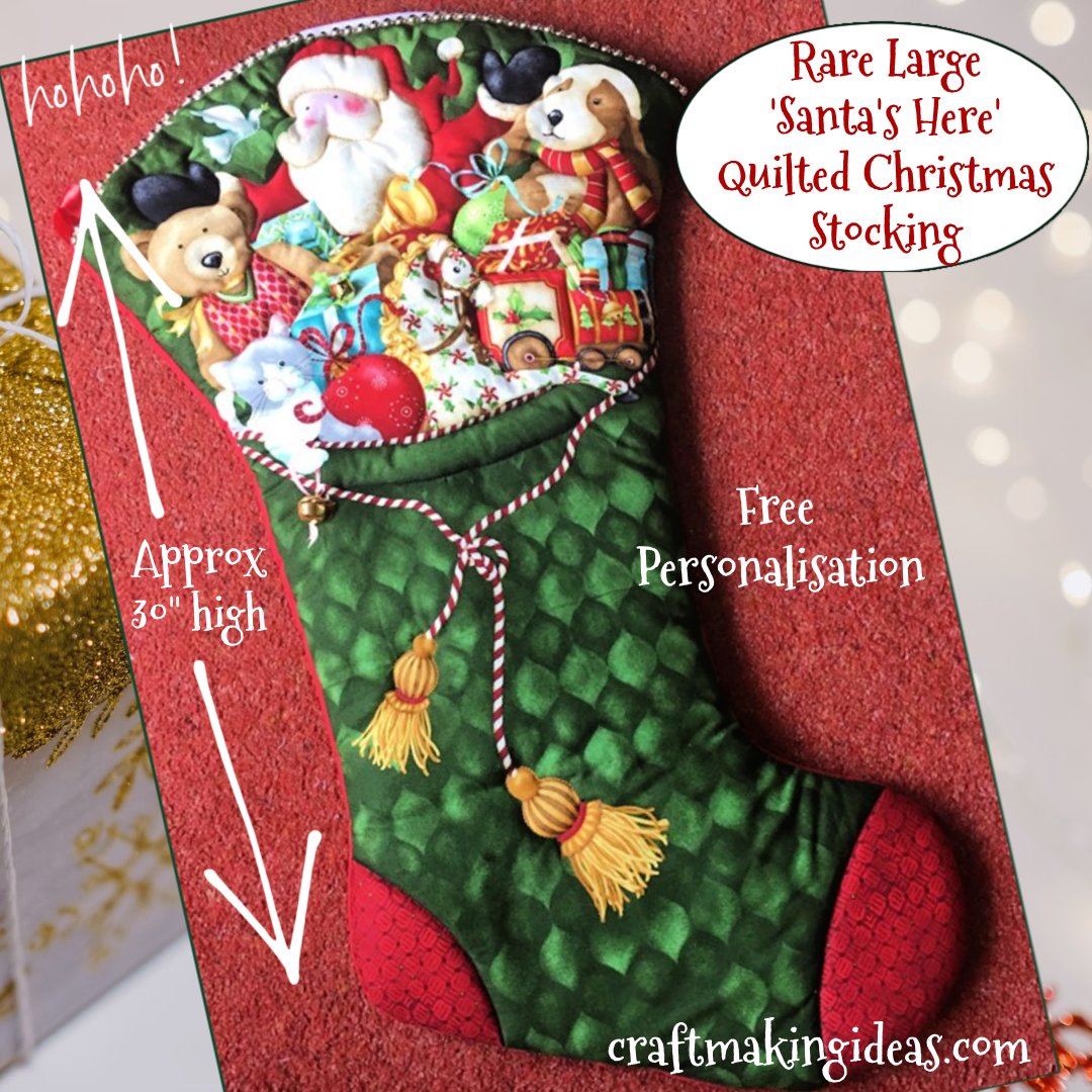 CraftMakingIdea's tweet image. Santa's Here Quilted Christmas Stocking, by Benartex.  Vintage design. Jumbo size, with free optional personalisation. Limited stock remaining. #christmas #christmasstocking #christmascrafts
craftmakingideas.com/shop/christmas…